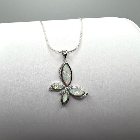 .925 Sterling Silver Lab Created Opal & Cz Butterfly Necklace - Picture 6 of 17
